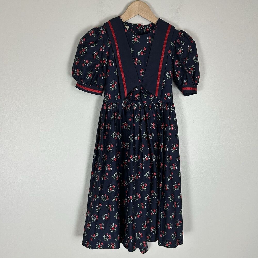 Laura Ashley Sailor Dress Size 9 Vintage Cotton Puff Sleeve Bow 70's 80's Floral